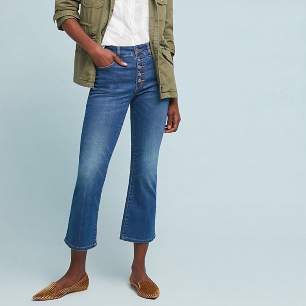 NWOT Anthropologie High Rise Cropped Crop Flare Leg Hem Blue Jeans Button Fly 28